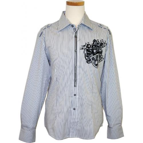 Saint Cado "Signature" White / Black Embroiderey Pinstripes Long Sleeves 100% Cotton Shirt With Shoulder Straps S-2138
